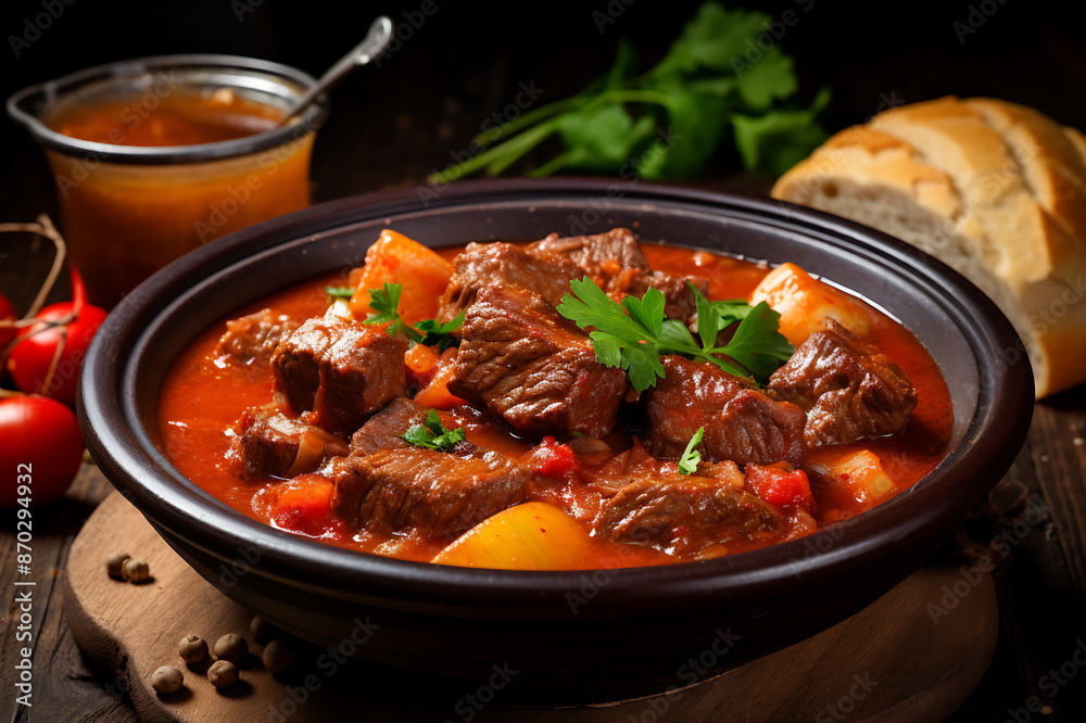 Beef stew with vegetables and herbs in a pot on a black background Beef stew with vegetables and herbs in a pot on a black background