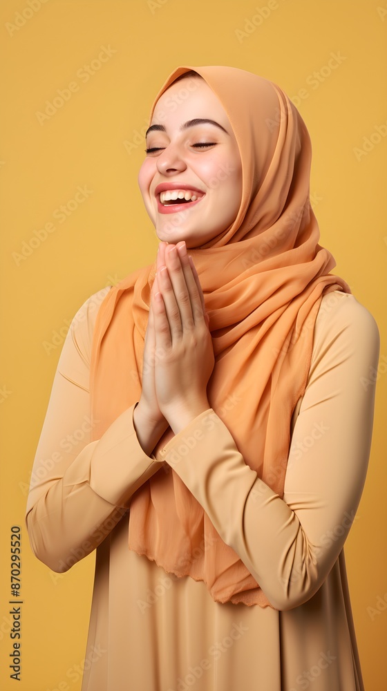 European muslim woman praying to God with hands up on orange background European muslim woman praying to God with hands up on orange background