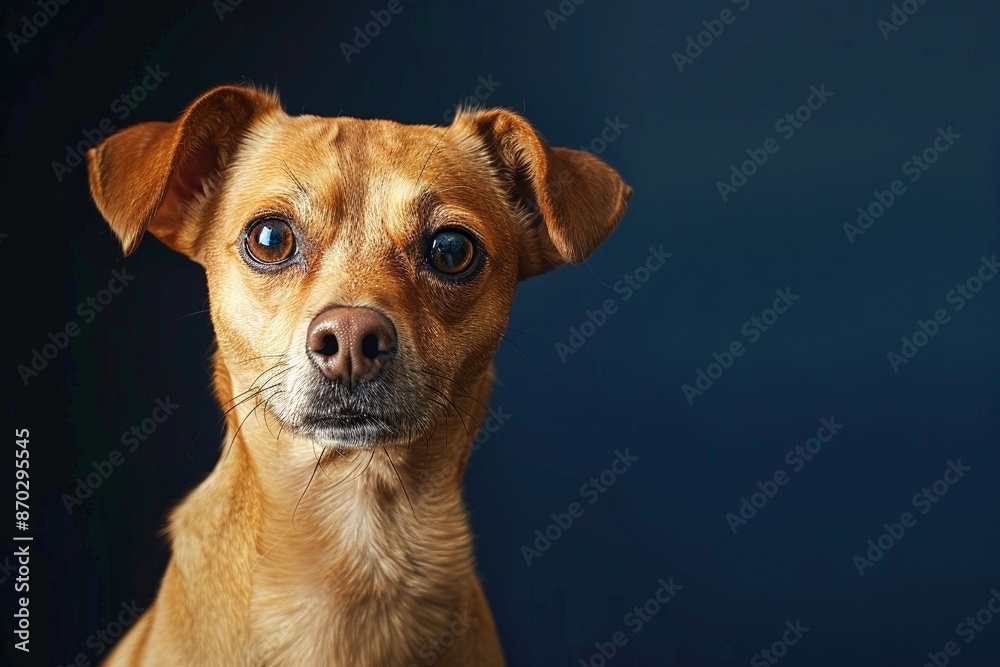 Studioporträt von einem Hund, dunkelblauer Hintergrund Studioporträt von einem Hund, dunkelblauer Hintergrund
