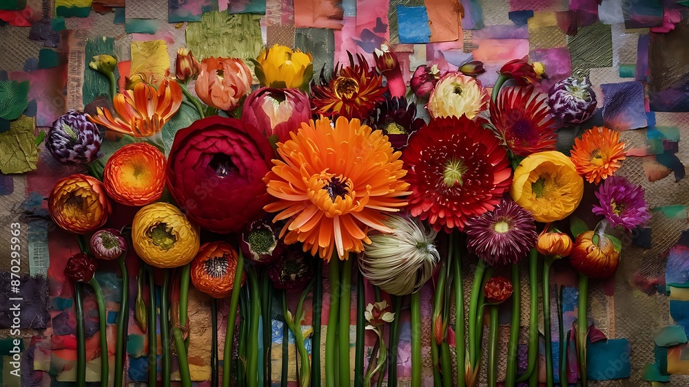 Fototapeta premium Beautiful flowers on a colored paper background