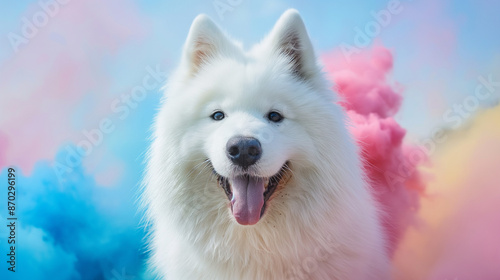 White fluffy and joyful samoyed dog with blue and pink smoke in the background and a happy facial expression. International dog day concept.