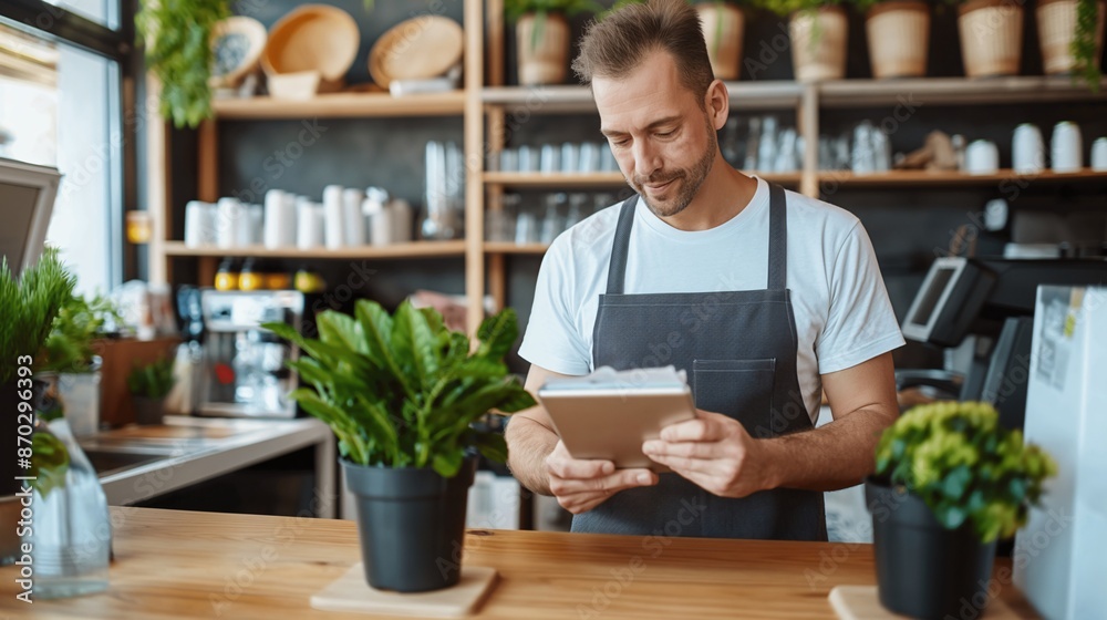 A business owner using a tablet to manage online sales. A business owner using a tablet to manage online sales.