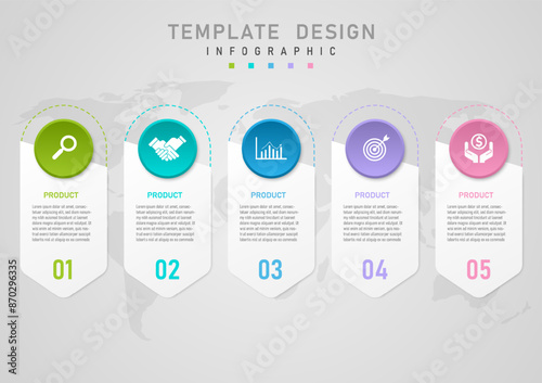 Infographic 5 product options simple template The white square in the center has text and the bottom has numbers. The multi-colored circle above has a white icon in the center of the map below.