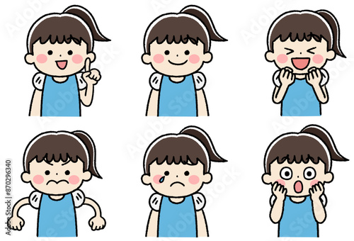 小さな女の子のいろいろな表情のアイコンイラストセット