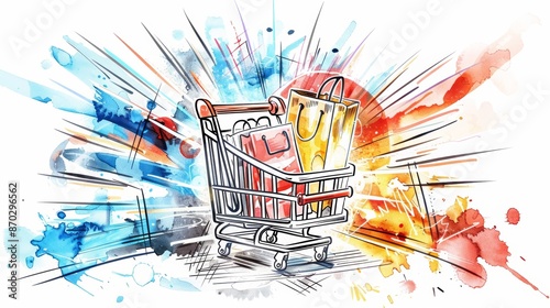 Colorful Shopping Cart Explosion Art - Vibrant Illustrative Shopping Experience in Watercolor