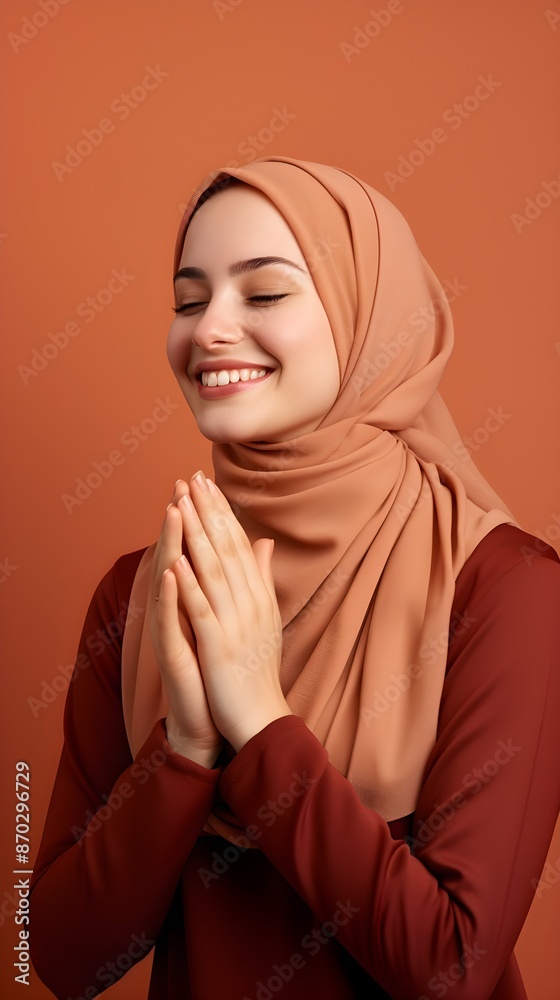 European muslim woman praying to God with hands up on red background European muslim woman praying to God with hands up on red background