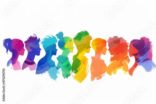 Colorful Silhouettes of Diverse People in Watercolor Style on White Background © Yulia