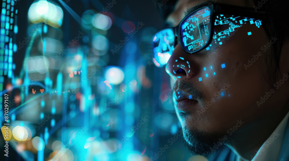 Close-up of man with augmented reality glasses analyzing data in futuristic cityscape at night Close-up of man with augmented reality glasses analyzing data in futuristic cityscape at night