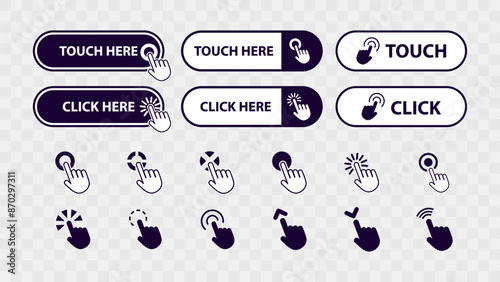 Clickable Web Buttons with Cursor Pointer Icon. Vector Web Button Set Collection for Call to Action Design