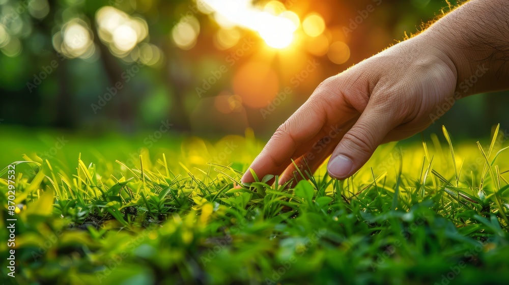 Fototapeta premium A closeup of a hand reaching for something in the grass