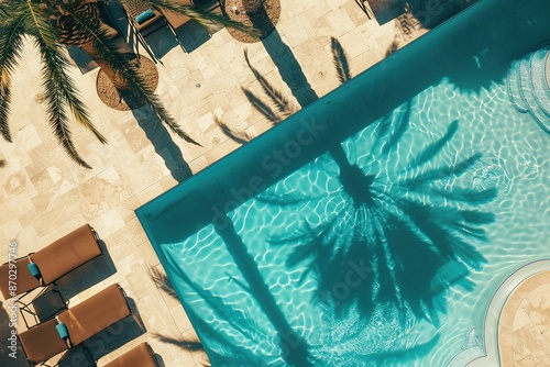 Ein Pool von oben mit Schatten von Palmen photo