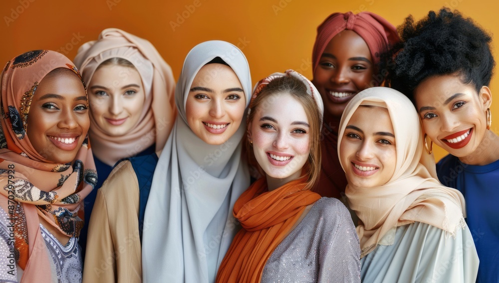 Diverse women in colorful hijabs smiling Diverse women in colorful hijabs smiling
