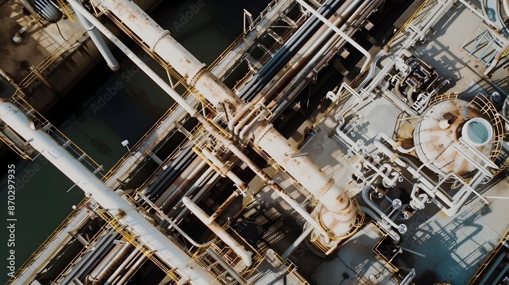 Intricate industrial machinery and pipes in an oil refinery or chemical plant Intricate industrial machinery and pipes in an oil refinery or chemical plant