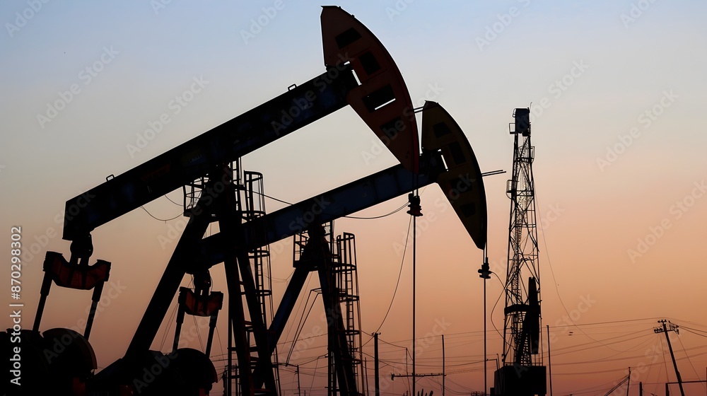 Silhouetted Oil Pump Rig at Sunset Extracting Fossil Fuels for Industrial Energy Production