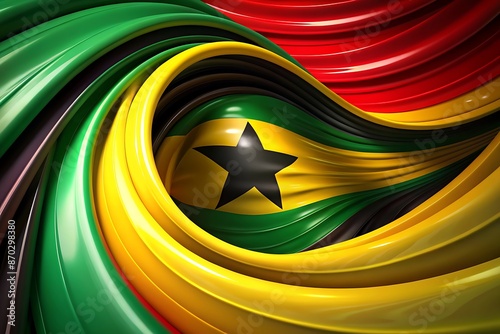 Vibrant 3D abstract artwork featuring Ghana's national colors in a mesmerizing swirl of black stars, yellow, and green, evoking African cultural heritage and pride.