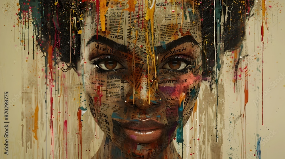 Fototapeta premium Serene African Woman Portrait with Graffiti Inspired Tapestry Backdrop in Mixed Media Urban Artwork