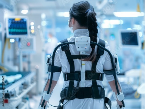 Woman in a Robotic Exoskeleton in a Hospital Room.