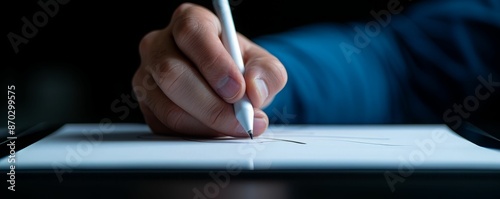 Hand Using Digital Pen on Tablet. photo