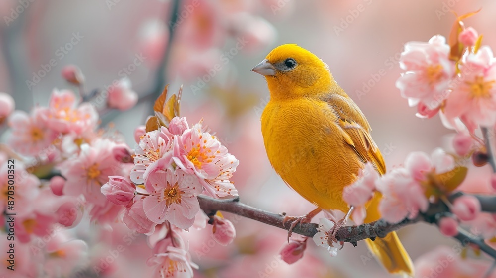 Bright Yellow Bird on Cherry Blossom Branch - Generative AI Bright Yellow Bird on Cherry Blossom Branch - Generative AI