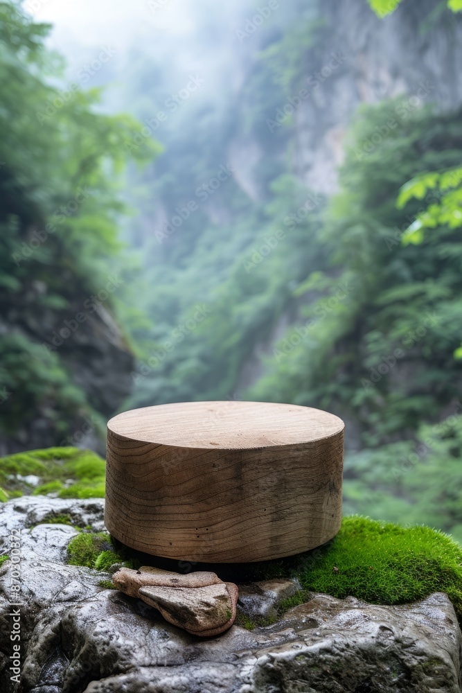 A wooden bowl rests on a moss-covered rock in a natural outdoor setting