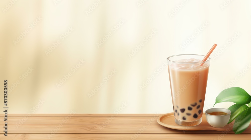 Refreshing bubble milk tea served on a wooden table with text space. Refreshing bubble milk tea served on a wooden table with text space.