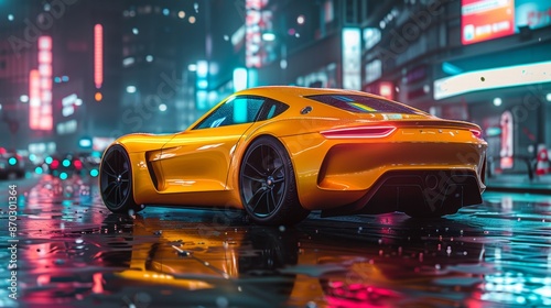 Sleek Orange Sports Car in Neon City - Generative AI