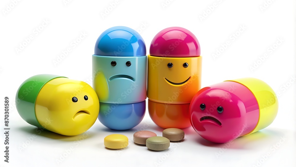 Colorful happy pill bottle with smiley face and sad pill bottle with frowning face sit on a white background, highlighting contrasting emotions and mental health. Colorful happy pill bottle with smiley face and sad pill bottle with frowning face sit on a white background, highlighting contrasting emotions and mental health.