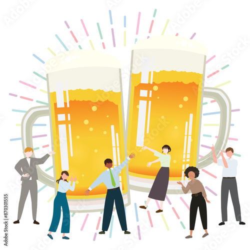 多様な人々が生ビールを楽しむイメージのベクターイラスト