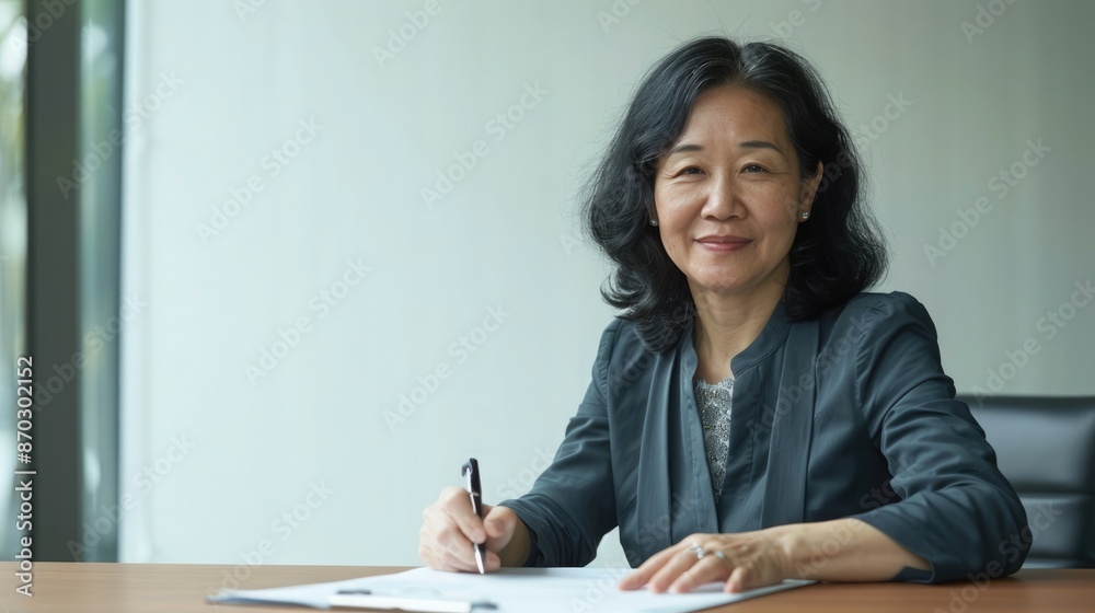 Smiling Asian mid-aged female manager signing a contract at a desk, emphasizing business success. Mid aged manager successful deal Smiling Asian mid-aged female manager signing a contract at a desk, emphasizing business success. Mid aged manager successful deal