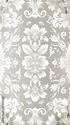 Sophisticated Floral Damask Pattern in Silver and White  Ideal for Luxury Wedding Invitations or Branding © Bussakon