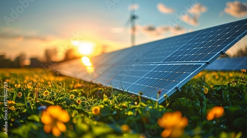 Solar panels. Outdoor Solar energy farm on sunny meadows. Sustainable energy. Eco friendly, environmental friendly. Solar energy. Renewable energy. Natural resources. 