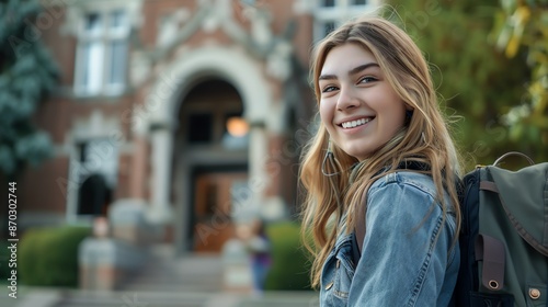 A young woman with a backpack smiles brightly in front of a building. 