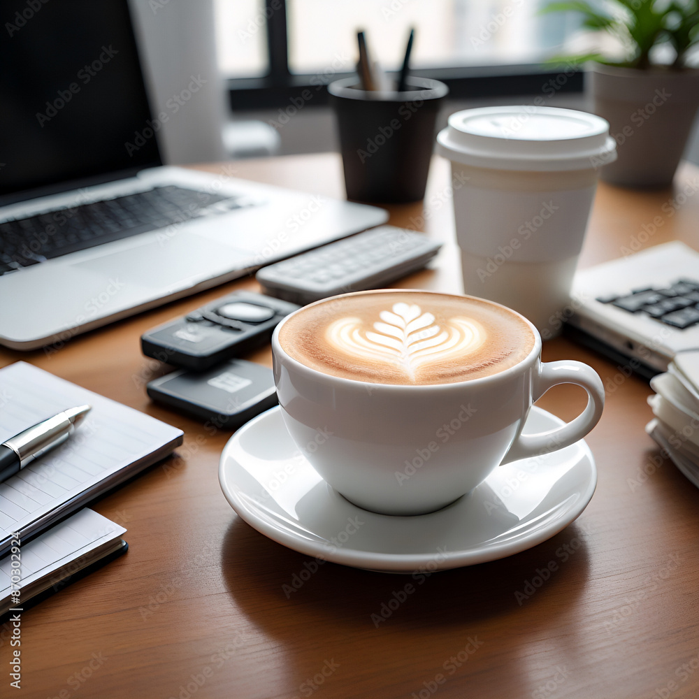 Steaming cup of coffee sits on a wooden table beside a black laptop, ready for a morning caffeine boost Generative AI Steaming cup of coffee sits on a wooden table beside a black laptop, ready for a morning caffeine boost Generative AI