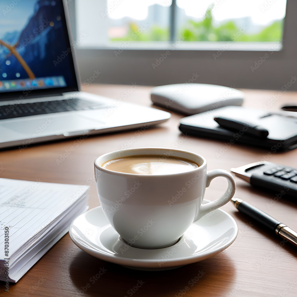 Steaming mug of coffee sits beside a laptop on a busy office desk with a pen and notebook Generative AI Steaming mug of coffee sits beside a laptop on a busy office desk with a pen and notebook Generative AI