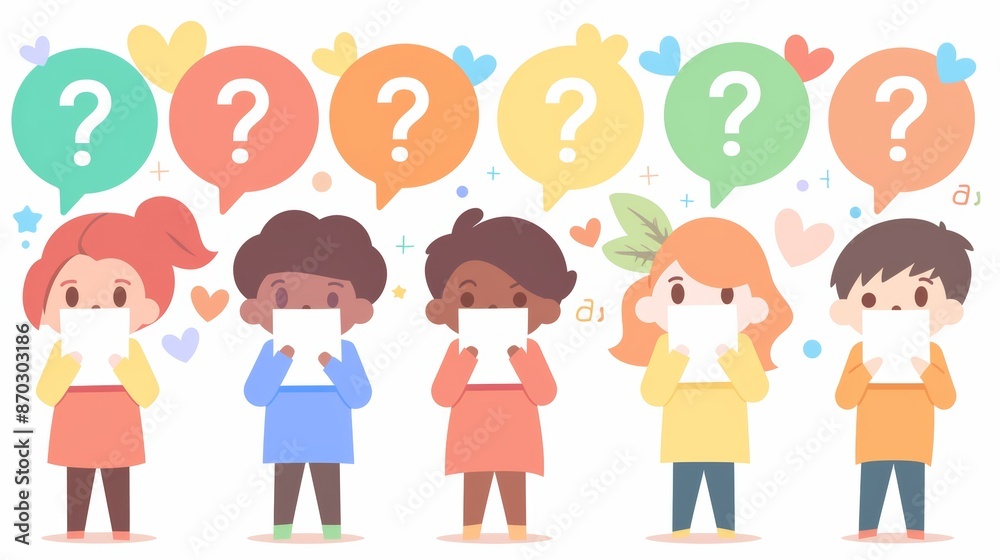 Cute Children Holding Blank Signs with Question Marks in Speech Bubbles Cute Children Holding Blank Signs with Question Marks in Speech Bubbles