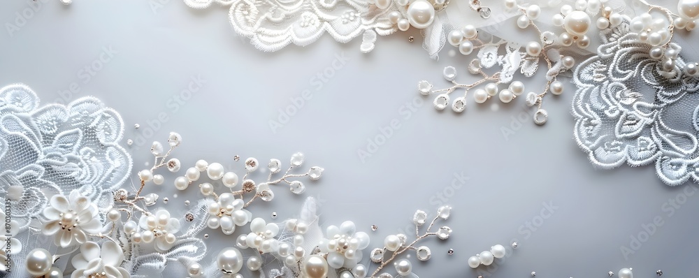 Luxurious Wedding Theme with White Lace and Pearls on Soft Grey Background