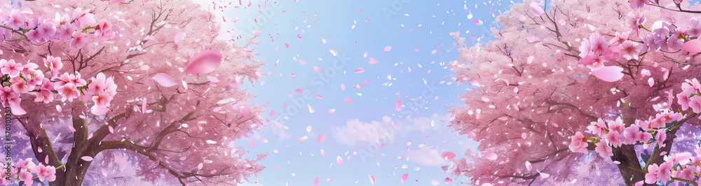 A digital art illustration of cherry blossoms falling in the sky, with pink and purple hues, on an isolated background. The design includes two side-by-side branches of trees covered in petals flying A digital art illustration of cherry blossoms falling in the sky, with pink and purple hues, on an isolated background. The design includes two side-by-side branches of trees covered in petals flying