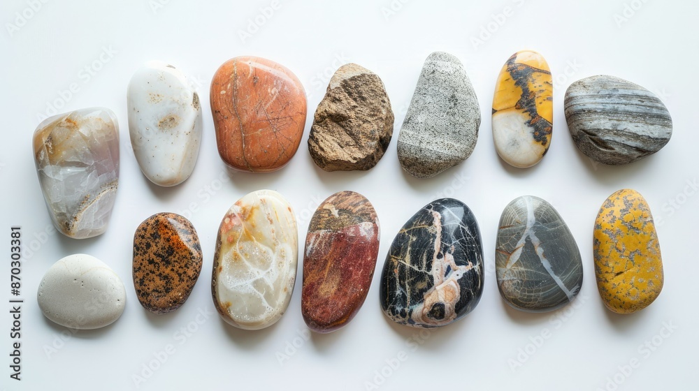 Collection of assorted natural stones displayed on a clean white surface