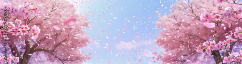 A digital art illustration of cherry blossoms falling in the sky, with pink and purple hues, on an isolated background. The design includes two side-by-side branches of trees covered in petals flying  © Marek