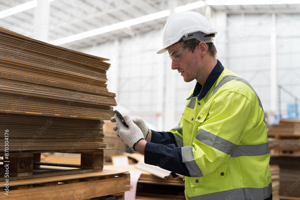Male warehouse worker working and inspecting quality of cardboard in corrugated carton boxes warehouse storage Male warehouse worker working and inspecting quality of cardboard in corrugated carton boxes warehouse storage