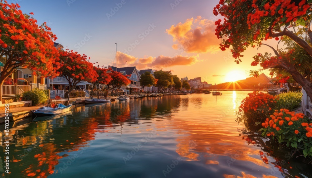 Fototapeta premium Sunset over the canal in a tropical town.