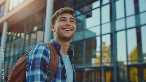 A young man with a backpack smiles confidently in front of a building. Free Download A young man with a backpack smiles confidently in front of a building. - GFXLoad