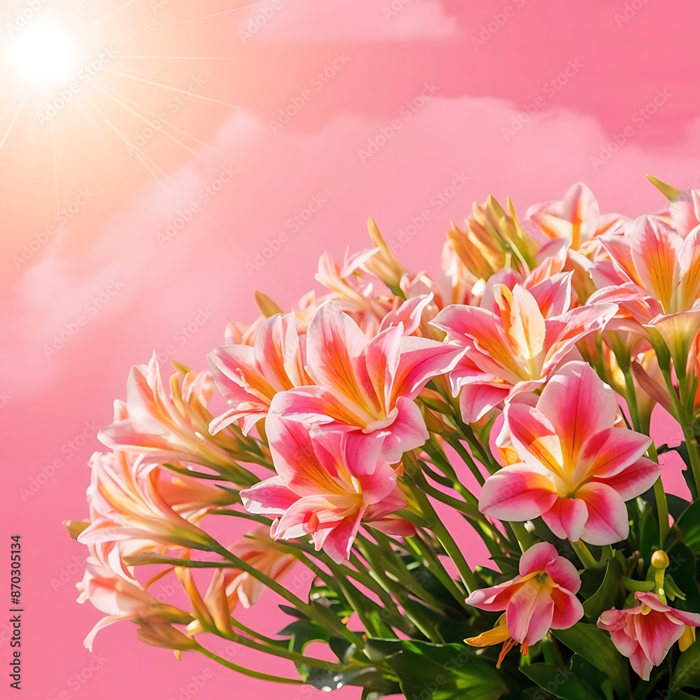 Fototapeta premium Alstroemeria flowers on pink background in sunlight