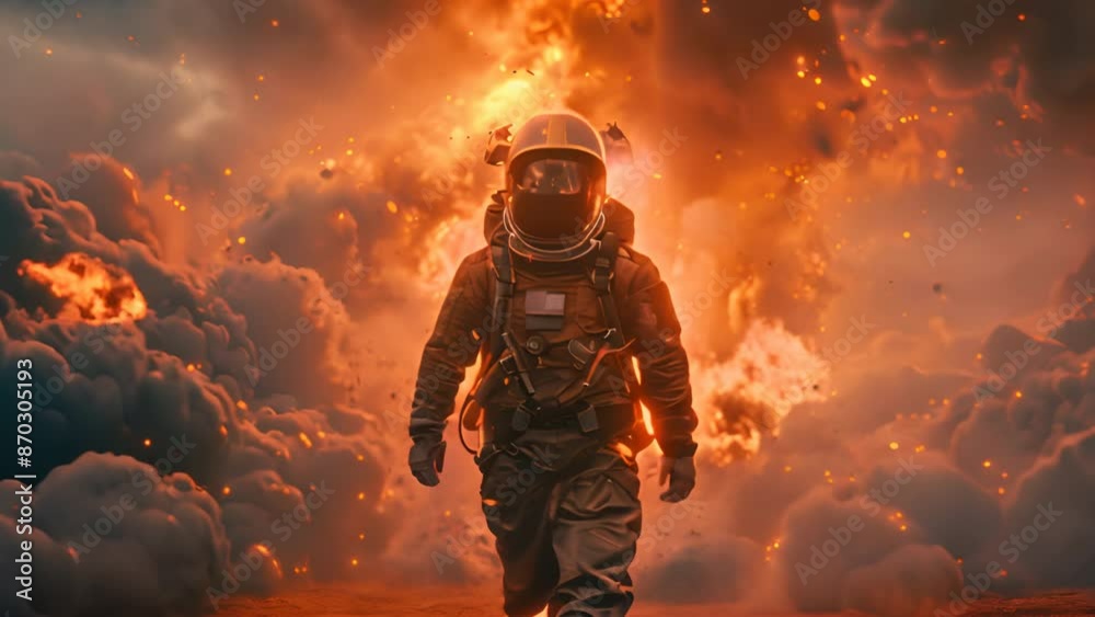 Firefighters escape from burning building Comes with a large gas mask. Firefighters escape from burning building Comes with a large gas mask.