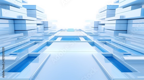 Fototapeta Naklejka Na Ścianę i Meble -  3d rendering of white and blue abstract geometric background. Scene for advertising, technology, showcase, banner, game, sport, cosmetic, business, metaverse. Sci-Fi Illustration. Product display