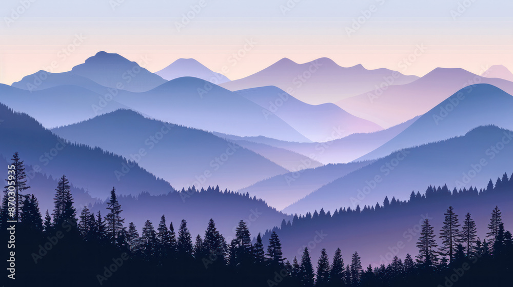 Obraz premium A peaceful mountain range with a forest in the foreground, bathed in the soft light of twilight