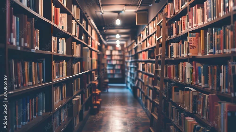 Shelves filled with neatly arranged books in a school library Shelves filled with neatly arranged books in a school library