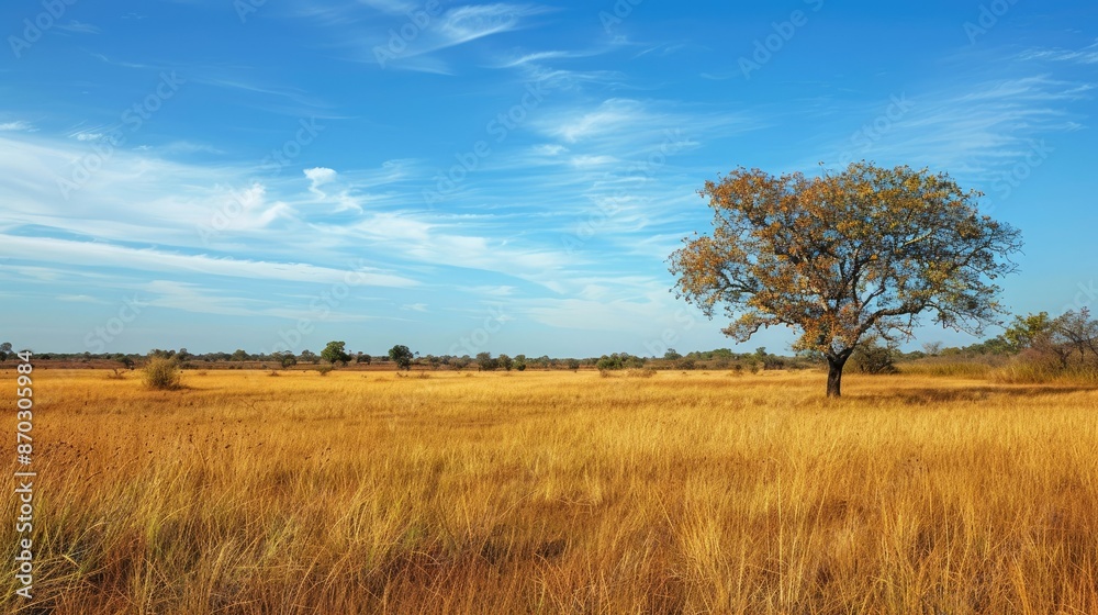 Picturesque savanna field in autumn, under clear blue skies Picturesque savanna field in autumn, under clear blue skies