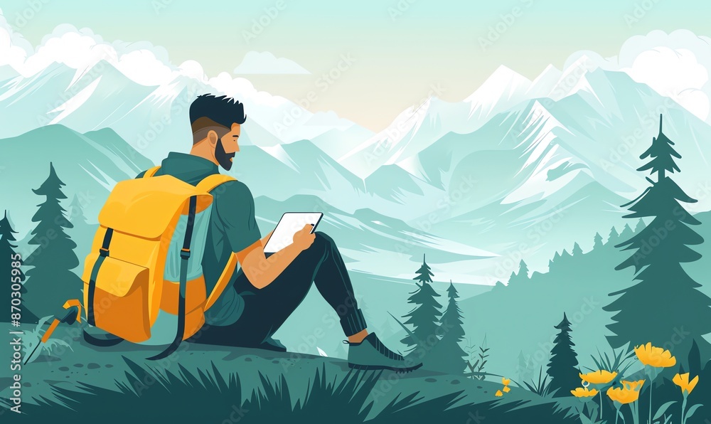 Fototapeta premium Man Enjoying Scenic Mountain View with Tablet