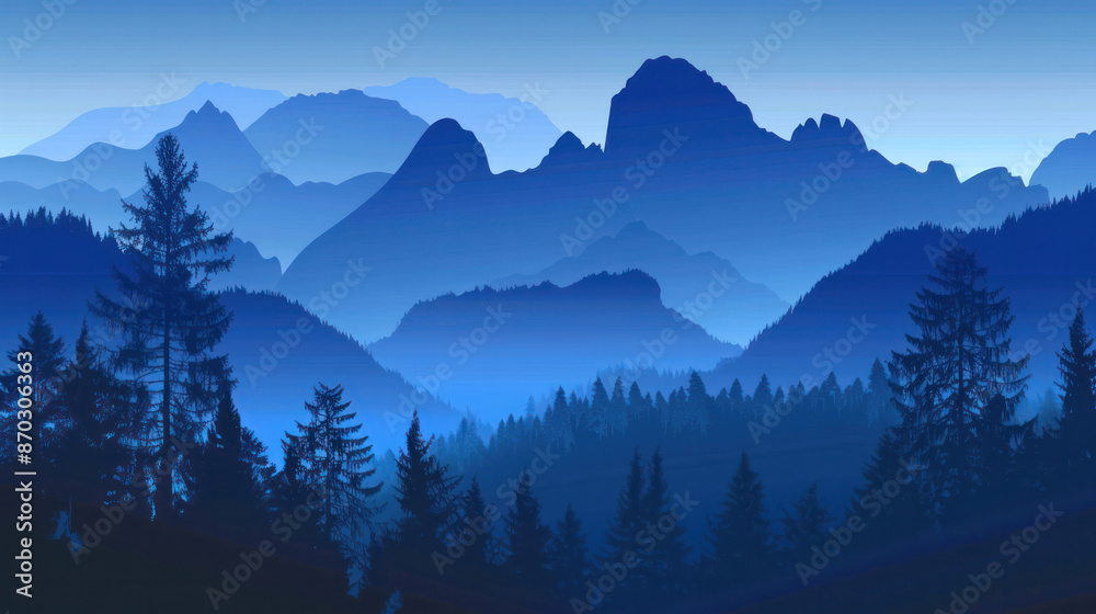 a serene mountain landscape at twilight. The silhouette of a mountain range is highlighted against a blue gradient sky, with a foreground of silhouetted trees a serene mountain landscape at twilight. The silhouette of a mountain range is highlighted against a blue gradient sky, with a foreground of silhouetted trees